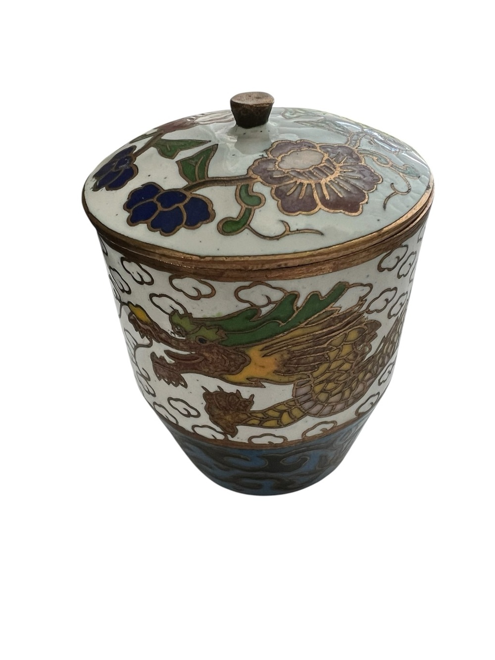 Vintage Cloisonné Enamel Dragon Chinese Trinket Box Canister with Lid